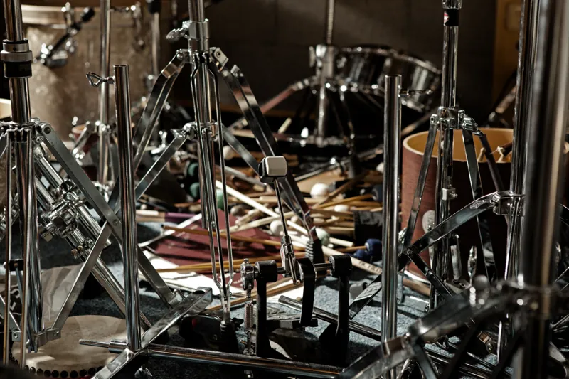 Drum kit and percussion stands in the studio